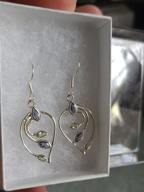 Sterling Silver Leaf Drop Earrings with Iolite and Peridot